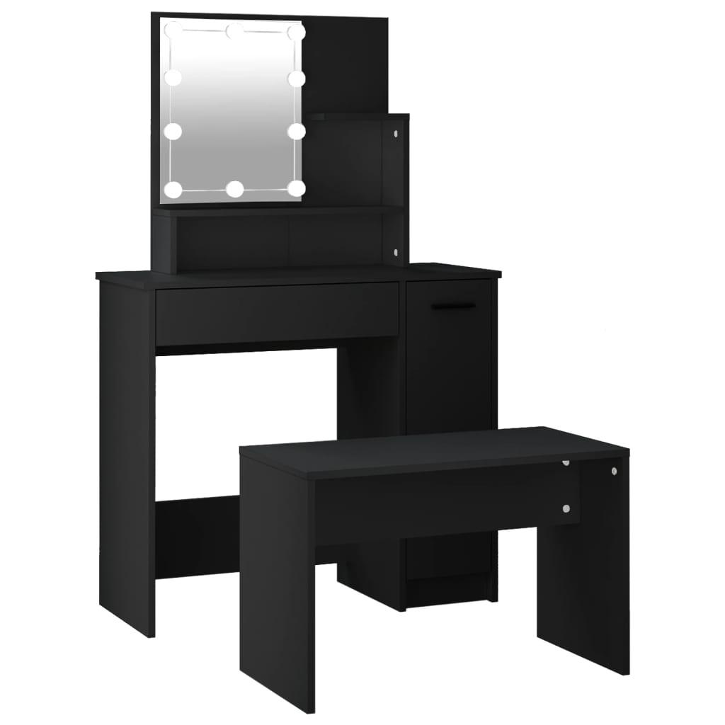 vidaXL Kosmetinio staliuko su LED komplektas, juodas, apdirbta mediena