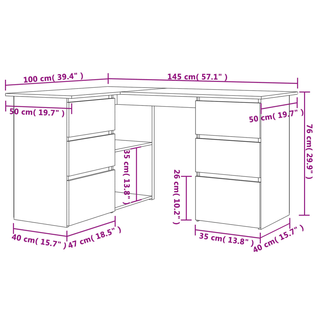 vidaXL Kampinis rašomasis stalas, baltas ir ąžuolo, 145x100x76cm, MDP