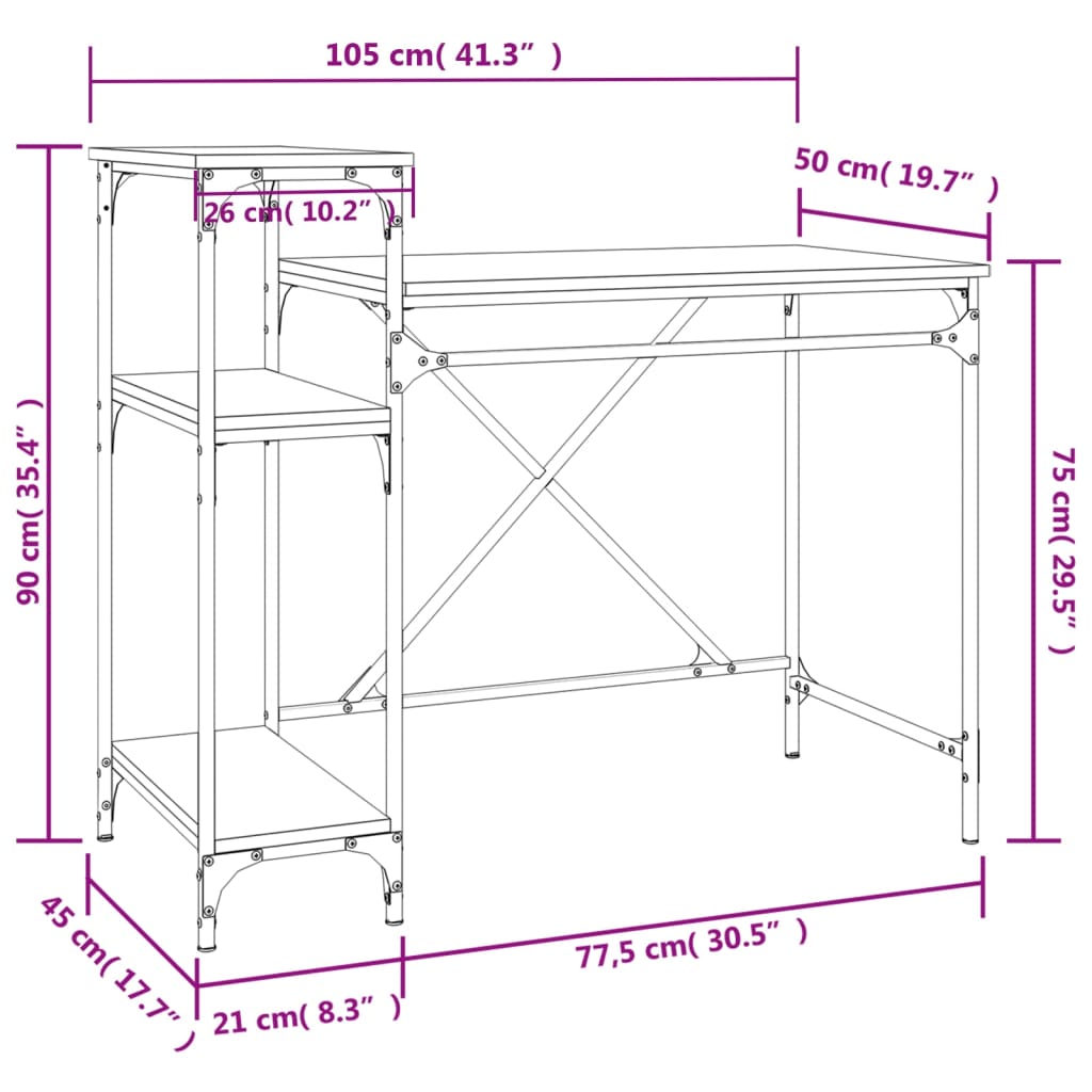 vidaXL Rašomasis stalas su lentynomis, juodas, 105x50x90cm, mediena