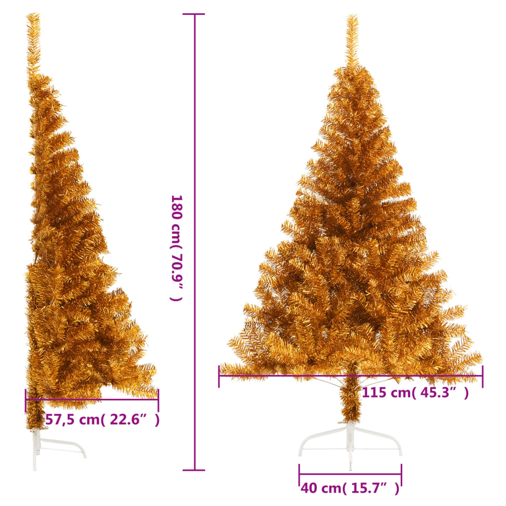 vidaXL Dirbtinė pusinė Kalėdų eglutė su stovu, auksinė, 180cm, PET