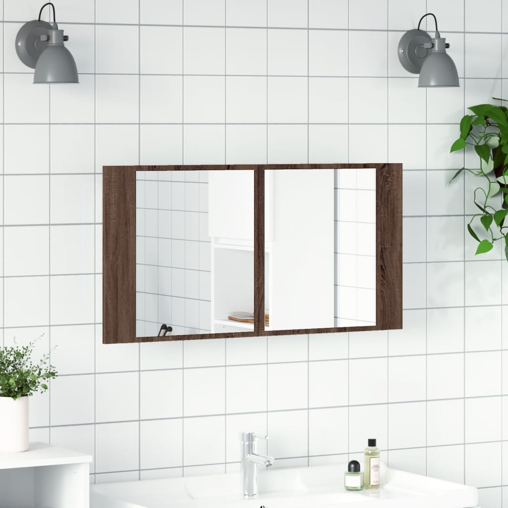 vidaXL Veidrodinė vonios spintelė su LED, ruda, 90x12x45cm, akrilas
