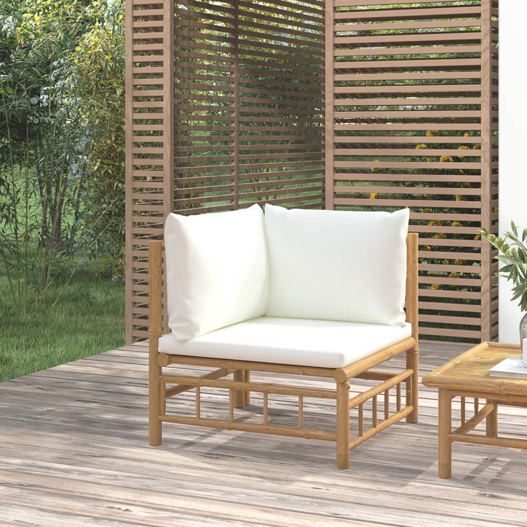 vidaXL Kampinė sodo sofos dalis su kreminėmis pagalvėlėmis, bambukas