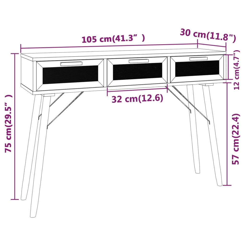 vidaXL Konsolinis staliukas, baltas, 105x30x75cm, pušis ir ratanas