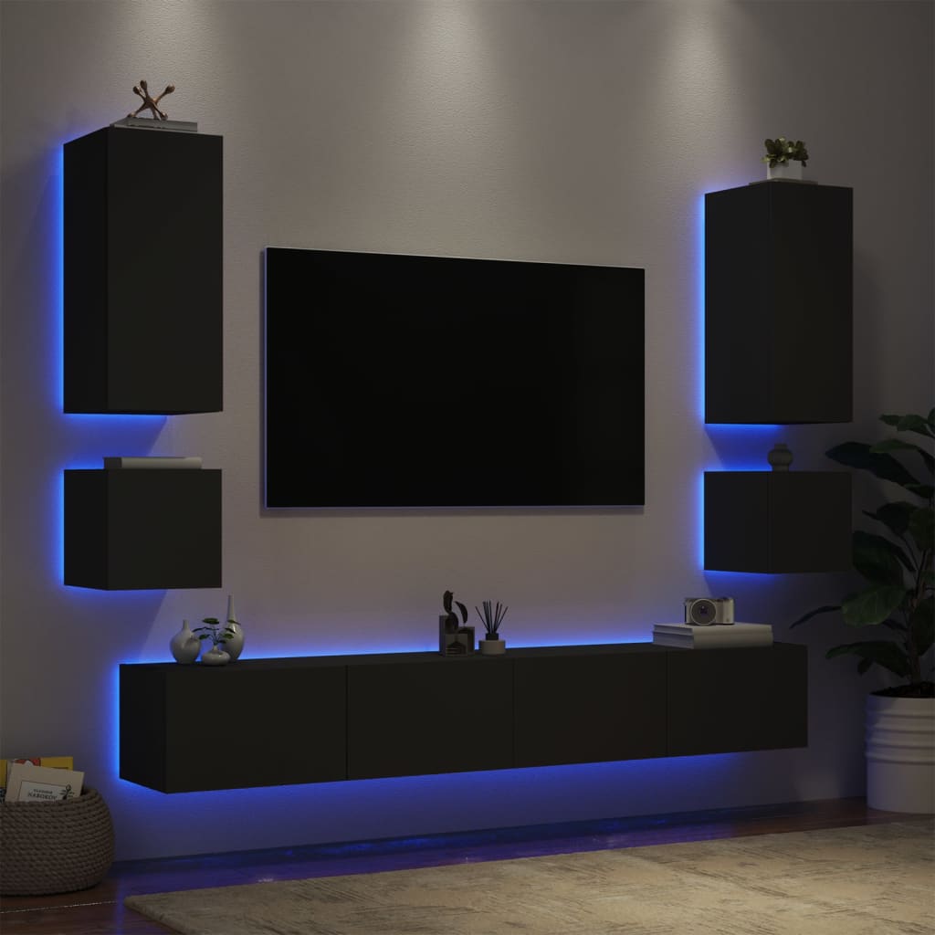 vidaXL Sieninės TV spintelės su LED lemputėmis, 6 dalių, juodos