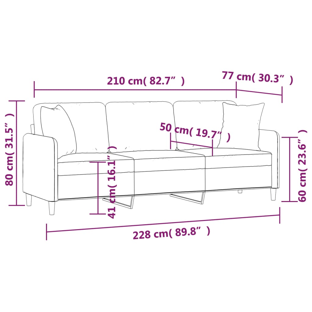 vidaXL Trivietė sofa su pagalvėmis, tamsiai pilka, 210cm, audinys