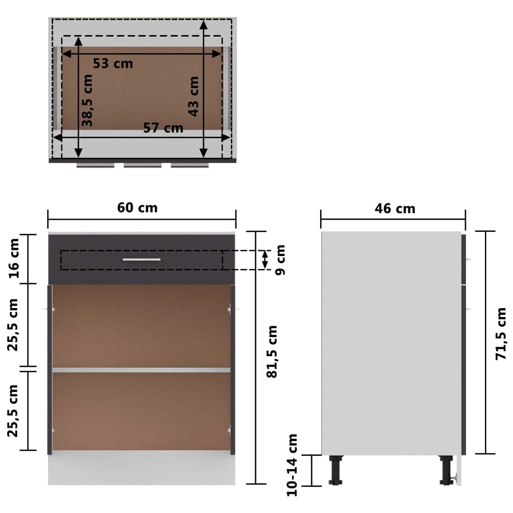 vidaXL Apatinė spintelė su stalčiumi, pilka, 60x46x81,5cm, MDP, blizgi