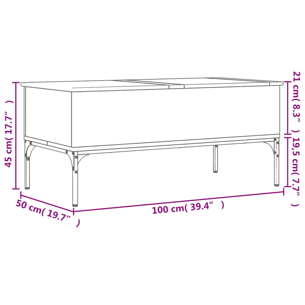 vidaXL Kavos staliukas, dūminio ąžuolo, 100x50x45cm, mediena/metalas