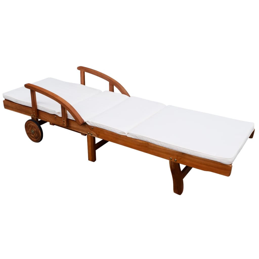 vidaXL Saulės gultas su pagalvėle ir ratais, akacijos mediena