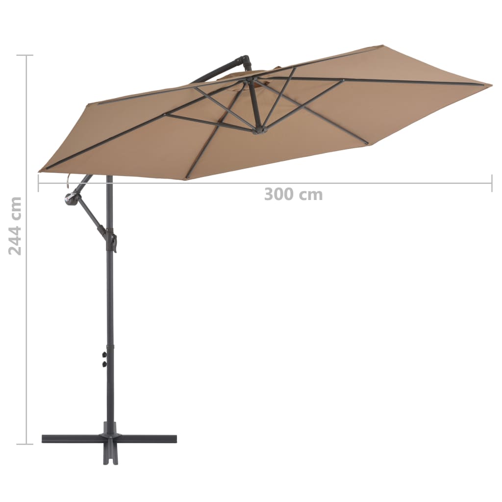 vidaXL Gembės form. saulės skėtis su alium. stulp., 300 cm, taupe sp.
