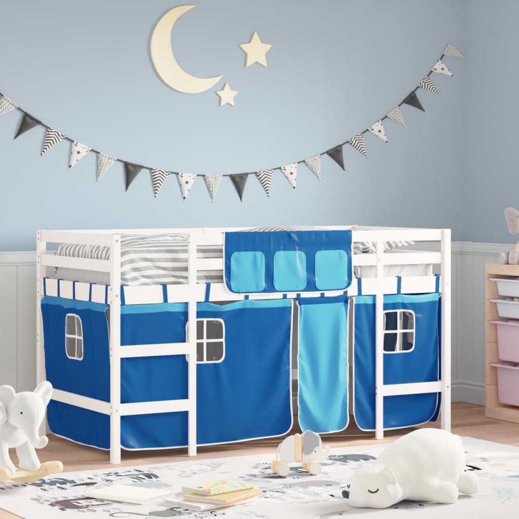 vidaXL Aukšta vaikiška lova su užuolaidomis, mėlyna, 80x200cm, pušis