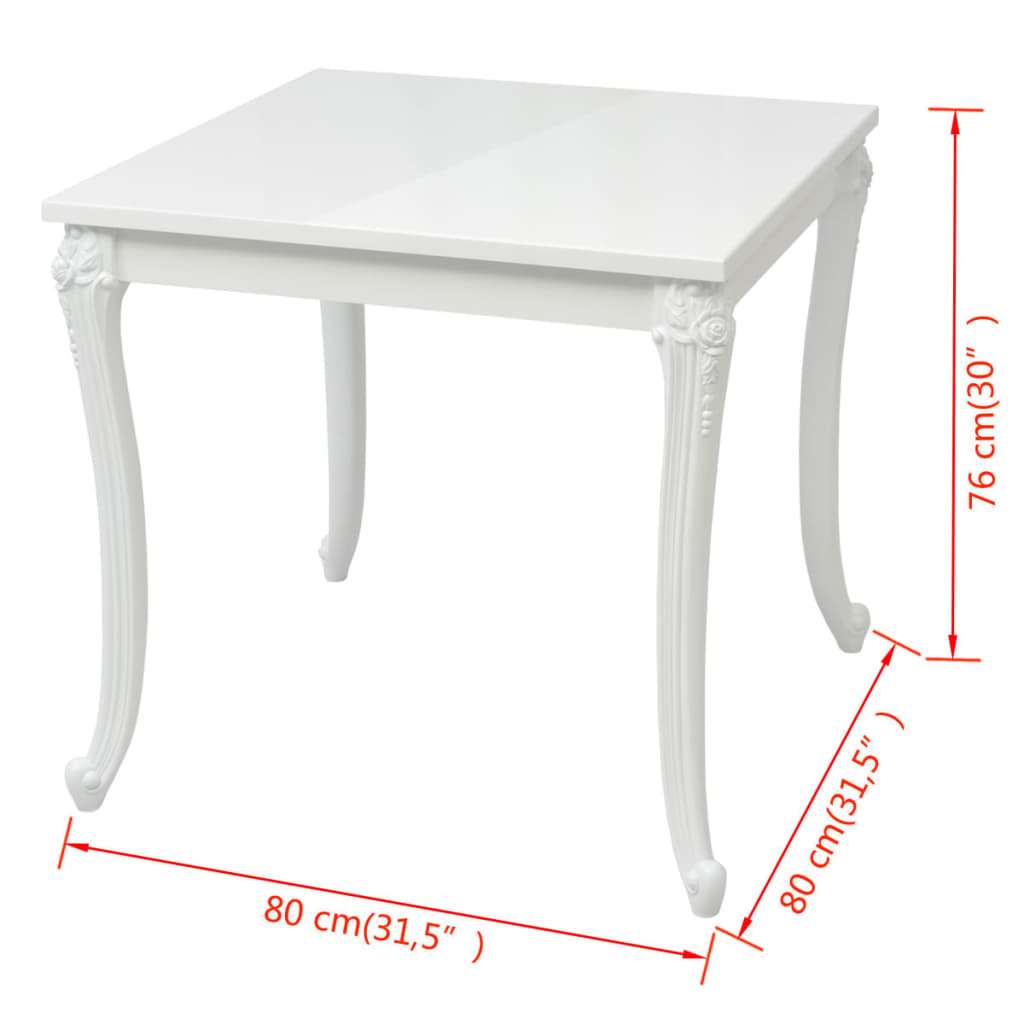vidaXL Valgomojo stalas, 80x80x76 cm, labai blizgus, baltas