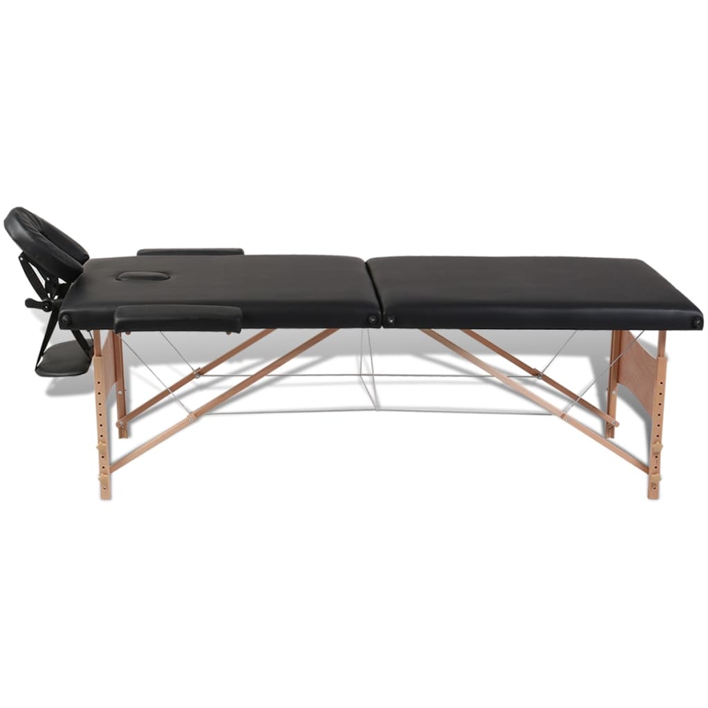 vidaXL Sulankstomas masažo stalas, juodas, 2 zonų, su mediniu rėmu
