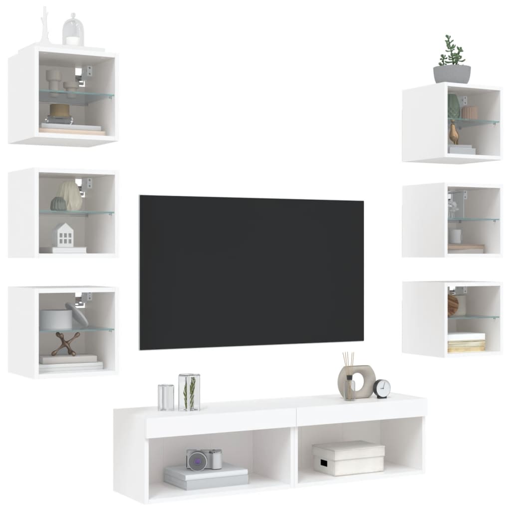 vidaXL Sieninė TV sekcija su LED, 8 dalių, balta, apdirbta mediena