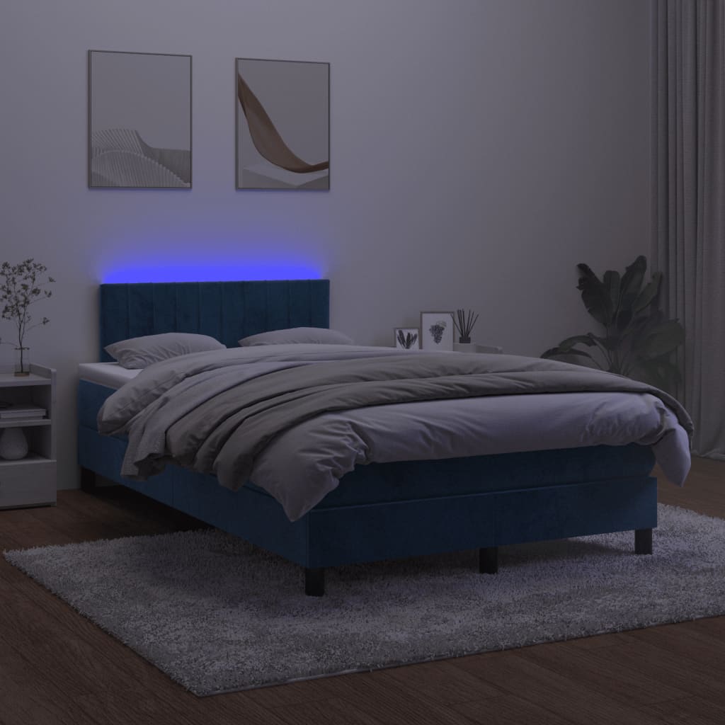 vidaXL Lova su spyruoklėmis/čiužiniu/LED, mėlyna, 120x190cm, aksomas