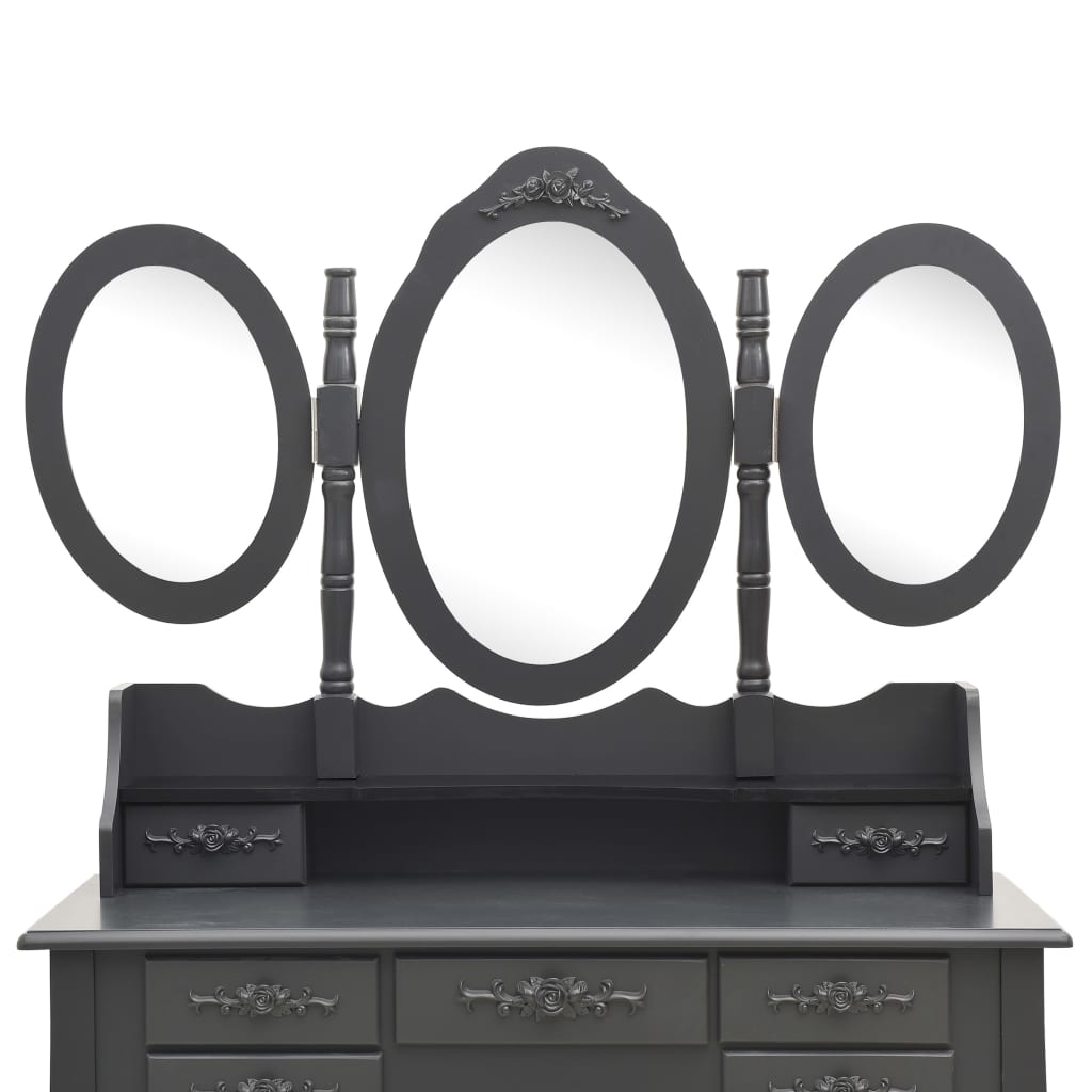 vidaXL Kosmetinis staliukas su kėdute ir 3 veidrodžiais, pilkas