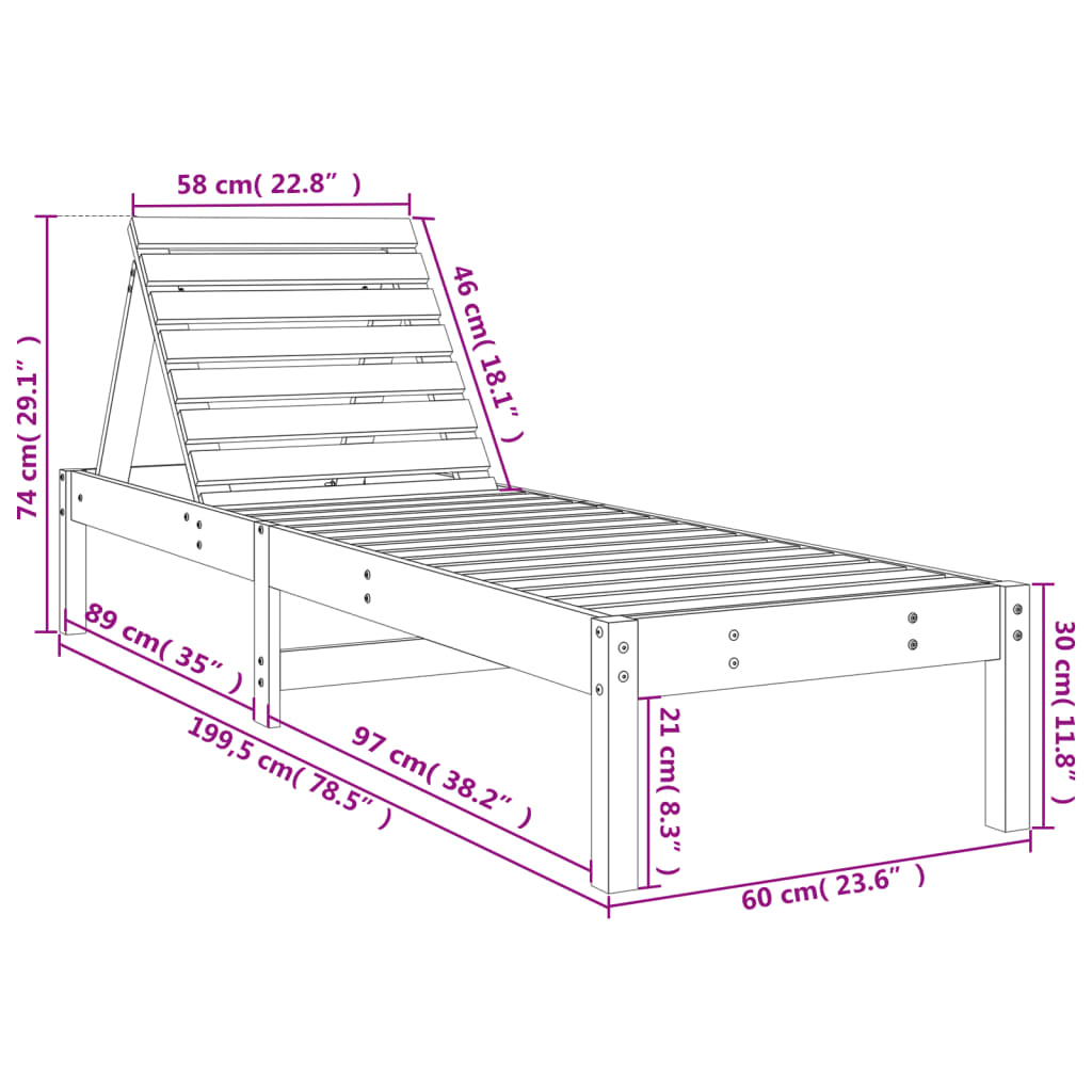 vidaXL Saulės gultas, baltas, 199,5x60x74cm, pušies medienos masyvas