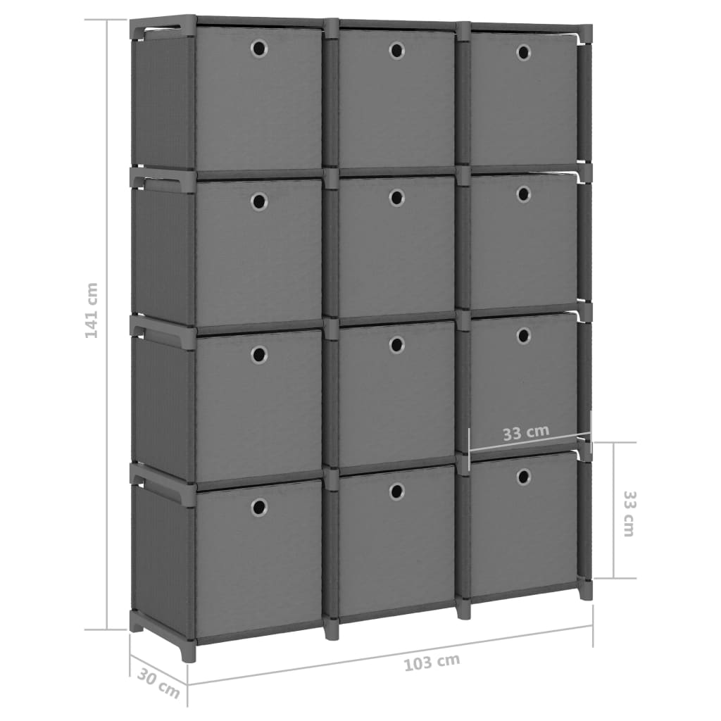 vidaXL Lentyna su 12 dėžių, pilkos spalvos, 103x30x141cm, audinys