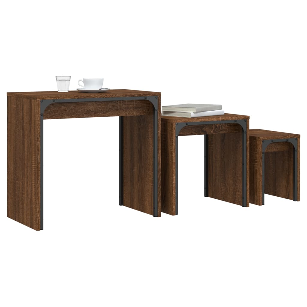 vidaXL Sustumiami kavos staliukai, 3vnt., rudi ąžuolo, mediena