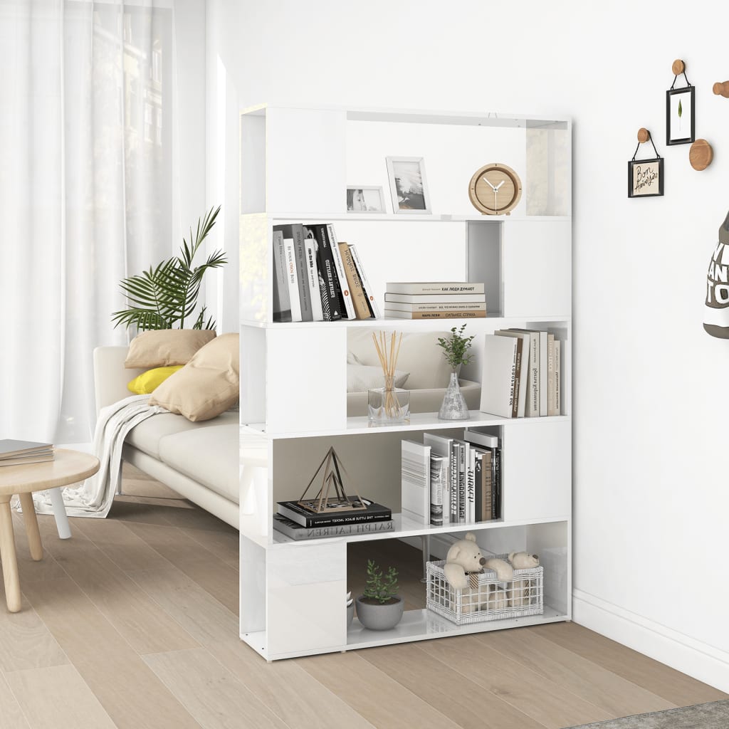 vidaXL Spintelė knygoms/kambario pertvara, balta, mediena, blizgi