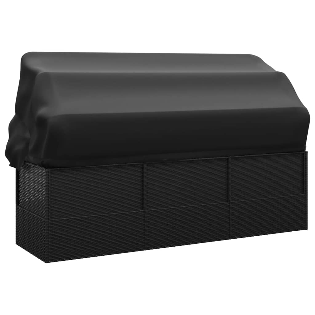 vidaXL Lauko poilsio gultas su stogu/pagalvėlėmis, juodas, poliratanas