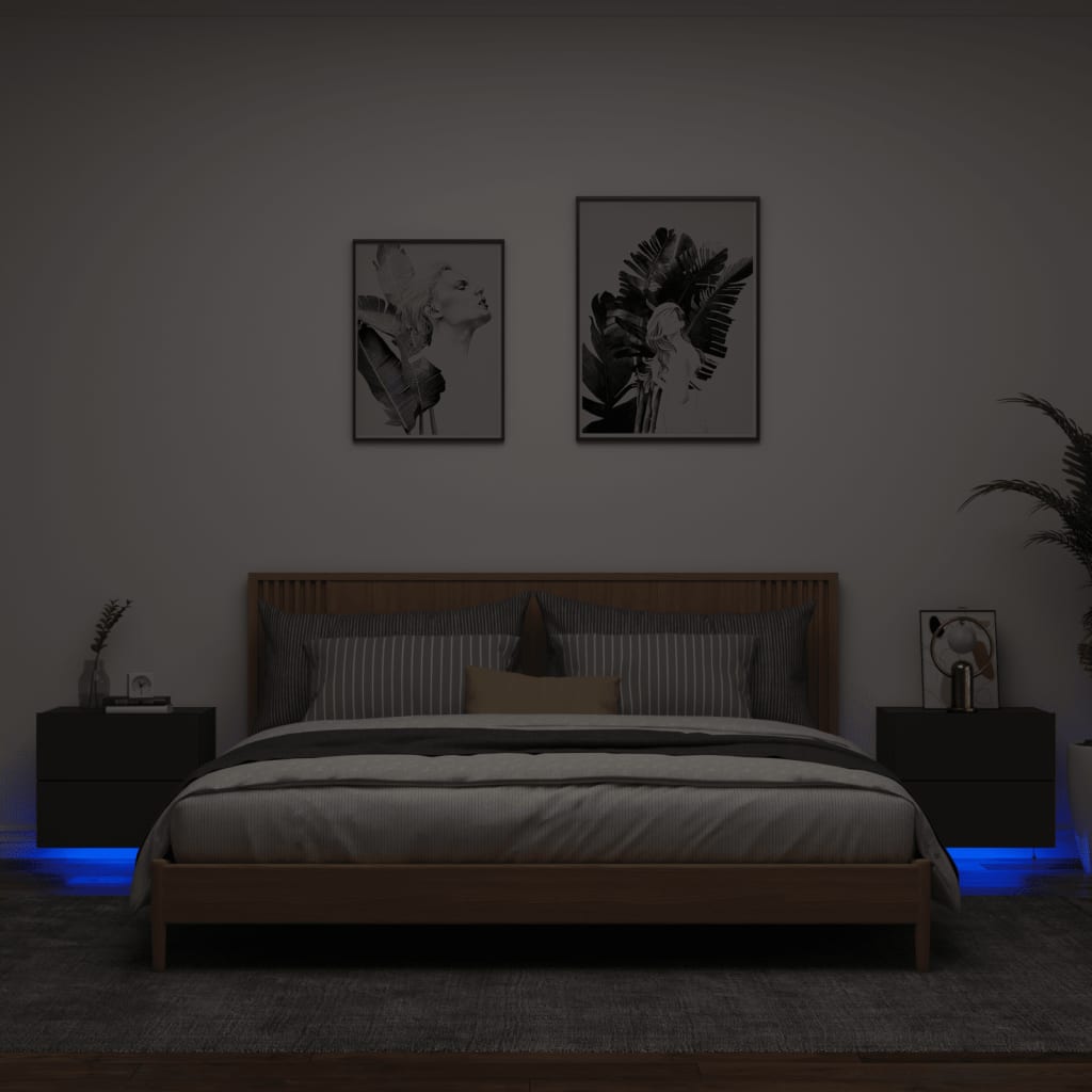 vidaXL Sieninės naktinės spintelės su LED, 2vnt., juodos