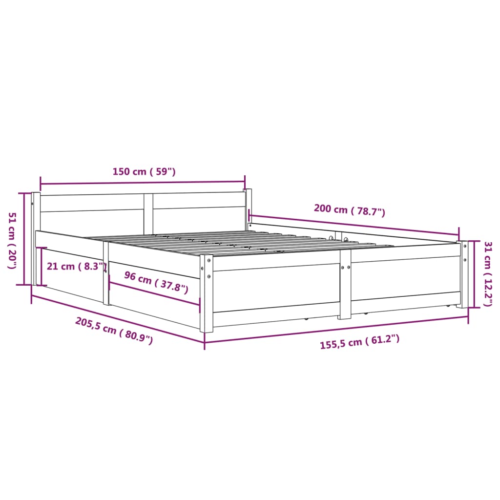 vidaXL Lovos rėmas su stalčiais, 150x200cm, didelis