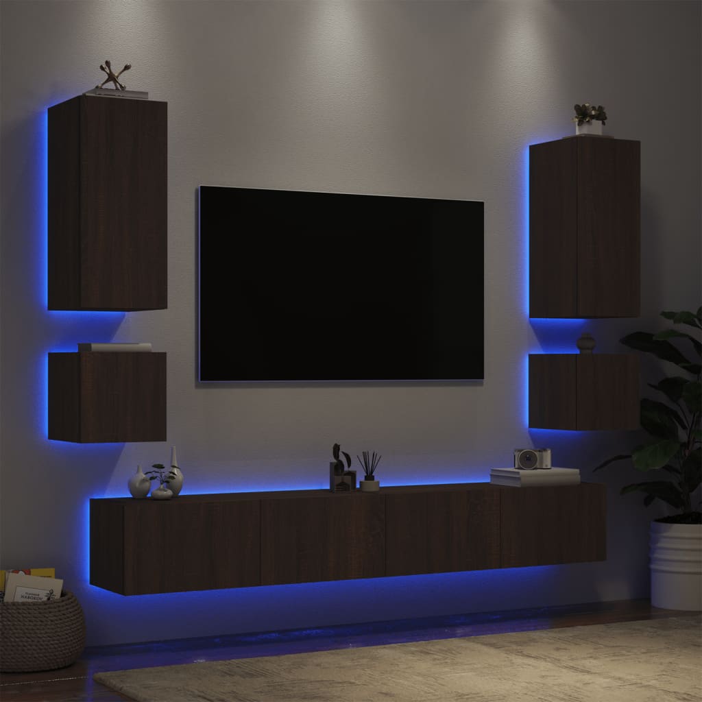 vidaXL Sieninės TV spintelės su LED lemputėmis, 6 dalių, rudos ąžuolo