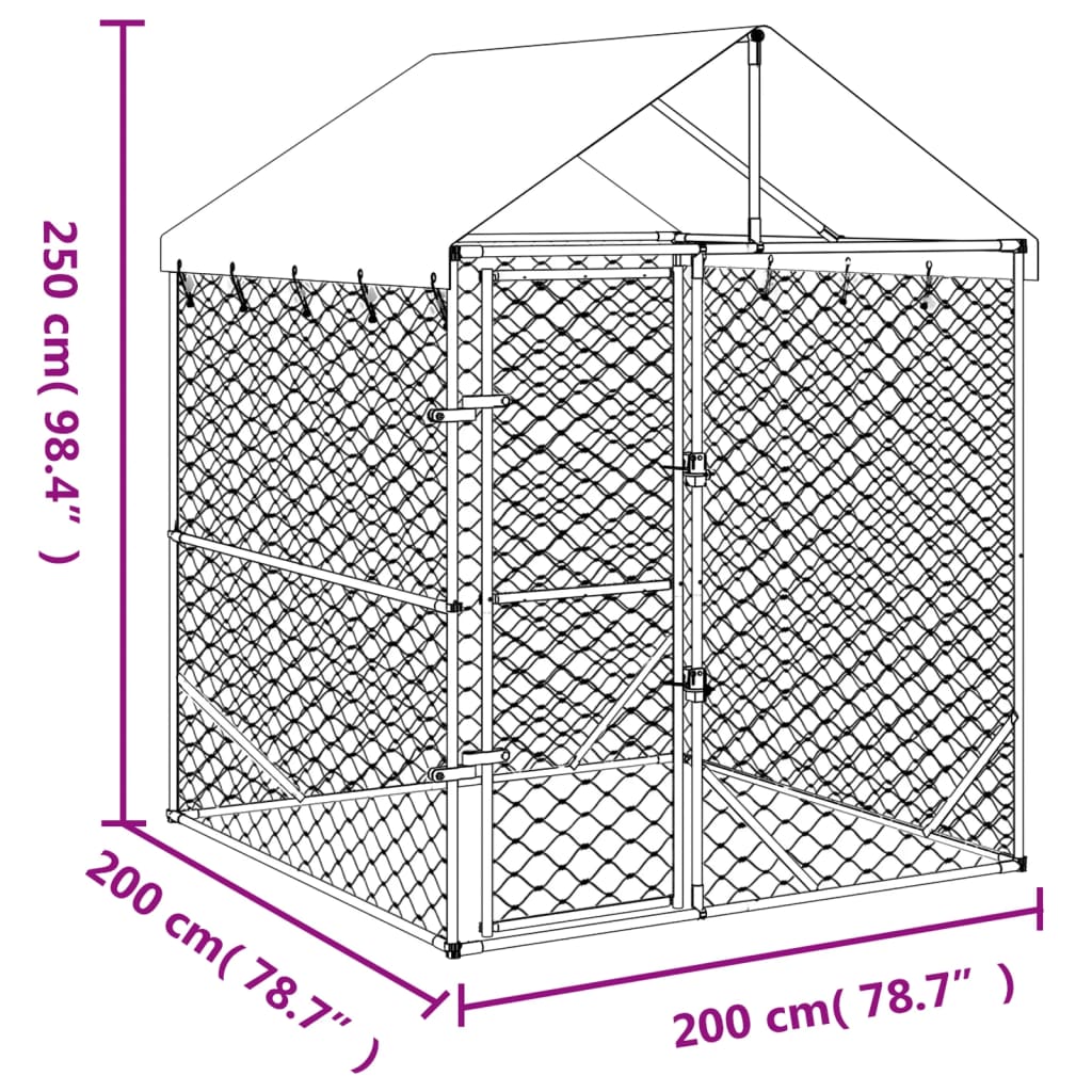 vidaXL Lauko voljeras šunims su stogu, sidabrinis, 2x2x2,5m, plienas