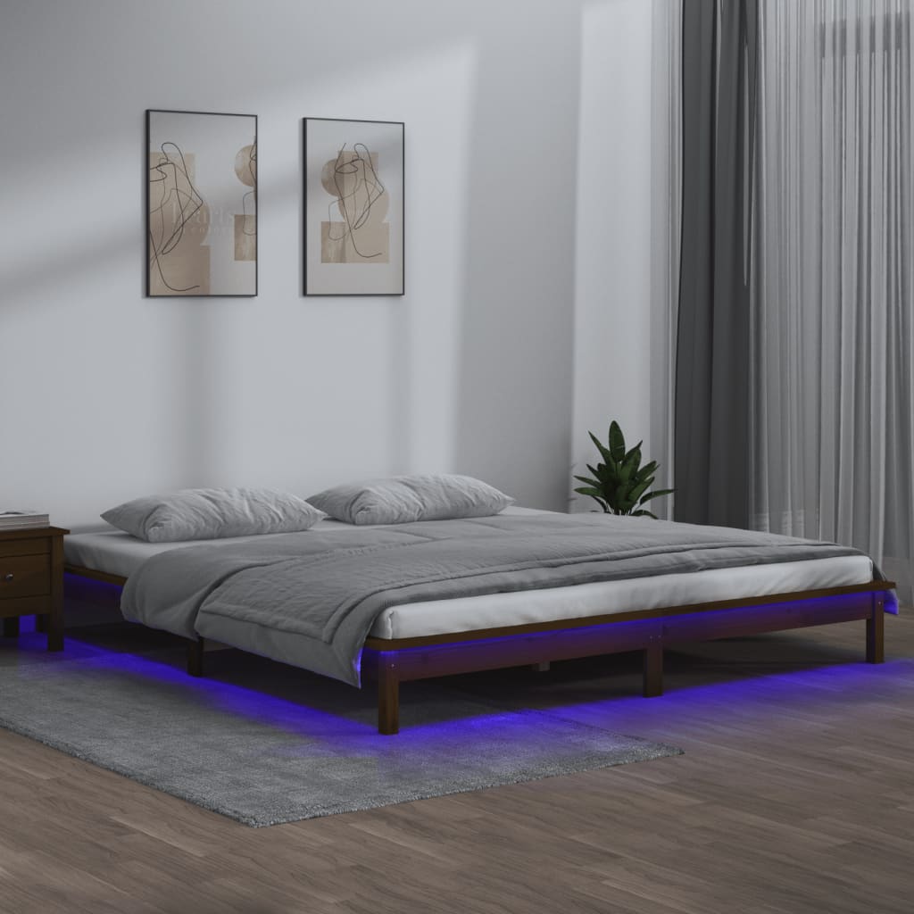 vidaXL Lovos rėmas su LED, medaus rudas, 120x190cm, mediena, dvivietis