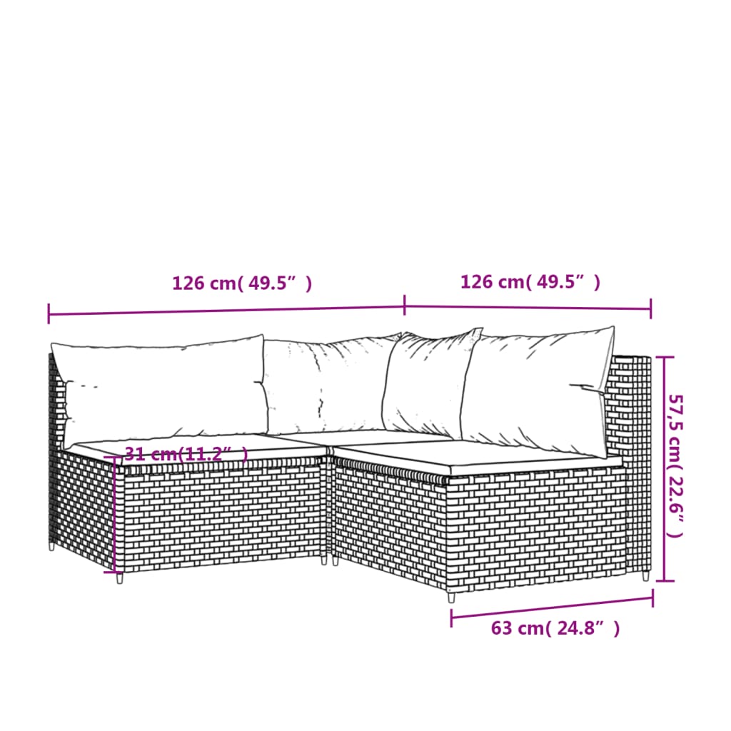 vidaXL Sodo komplektas su pagalvėlėmis, 3 dalių, rudas, poliratanas