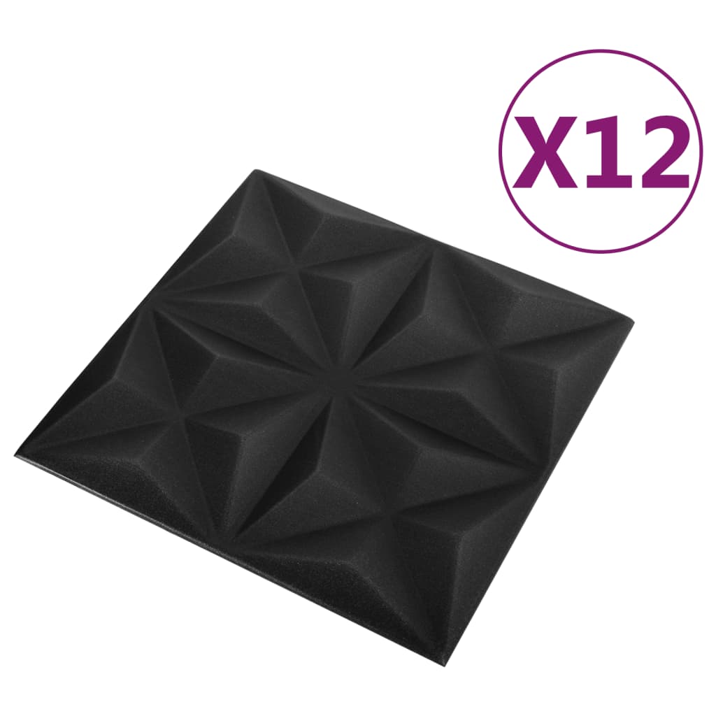 vidaXL 3D sienų plokštės, 12vnt., juodos, 50x50cm, 3m², origami rašto