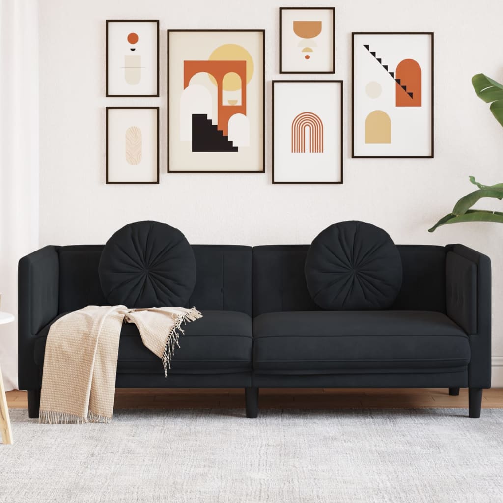 vidaXL Trivietė sofa su pagalvėlėmis, juodos spalvos, aksomas