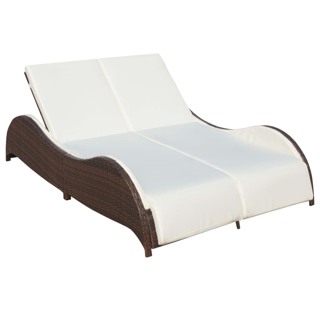 vidaXL Dvivietis saulės gultas su pagalvėle, poliratanas, rudas