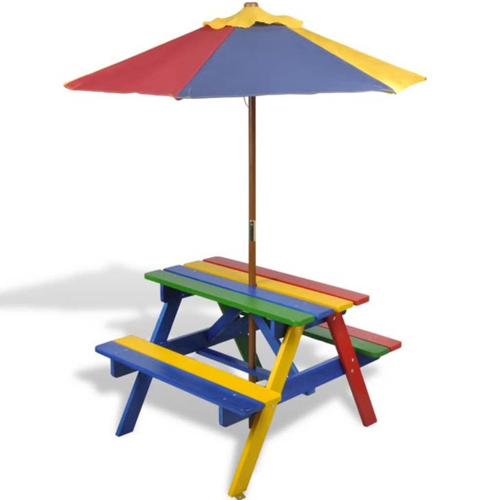vidaXL Vaikiškas iškylos stalas su suoliukais ir skėčiu nuo saulės