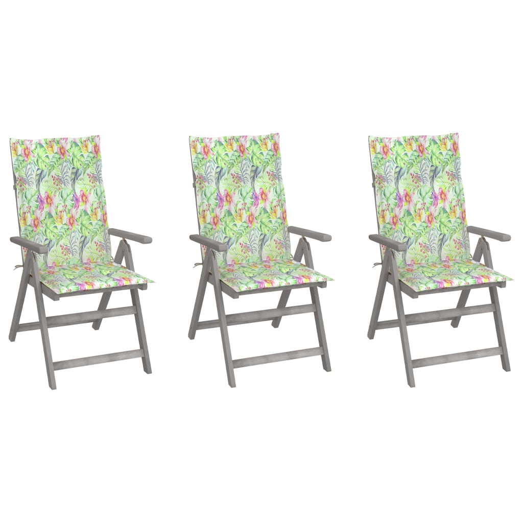 vidaXL Atlošiamos sodo kėdės su pagalvėlėmis, 3vnt., akacijos masyvas