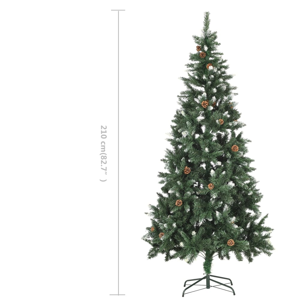 vidaXL Dirbtinė kalėdinė eglutė su kankorėžiais ir baltu blizg., 210cm