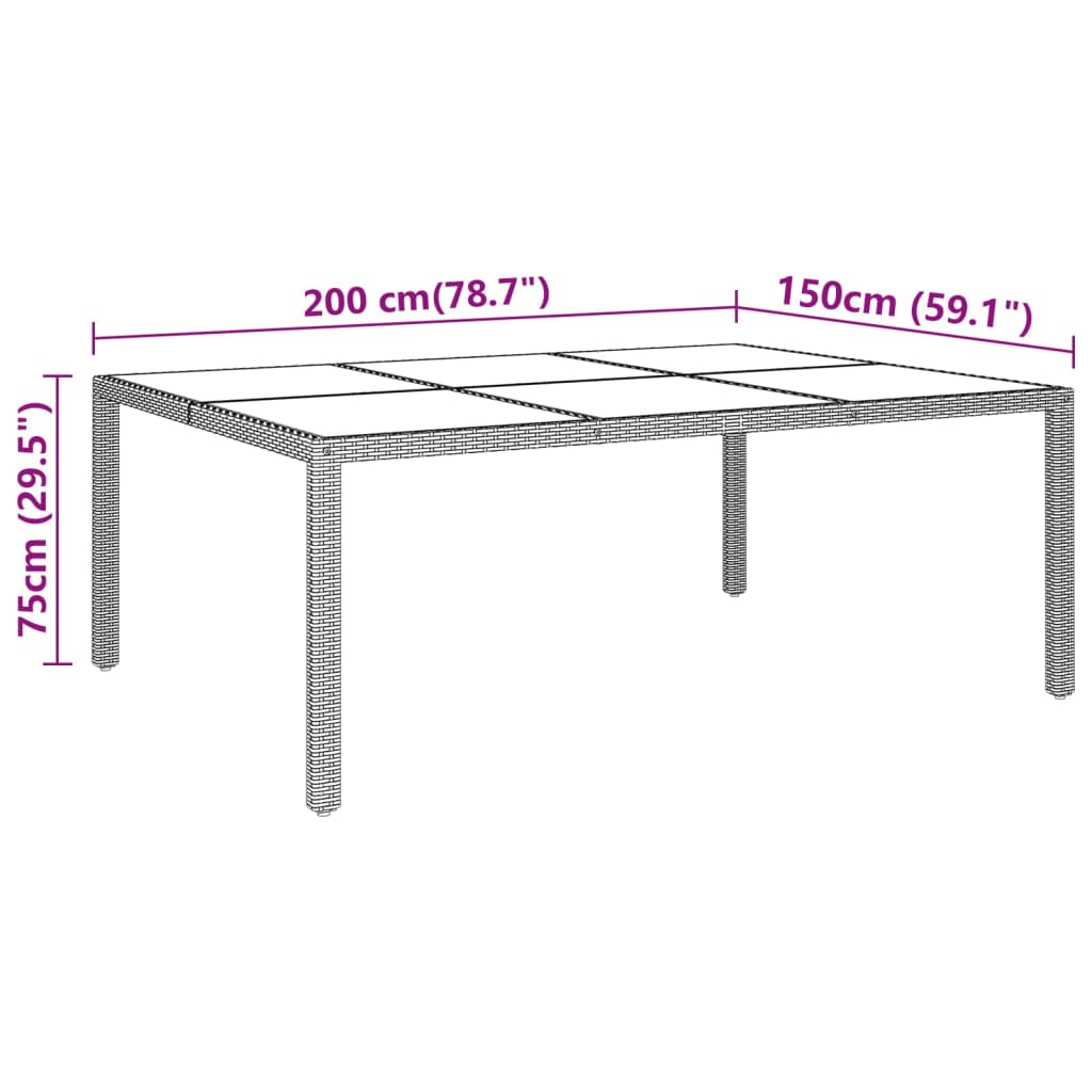 vidaXL Sodo stalas, juodas, 200x150x75cm, stiklas/poliratanas