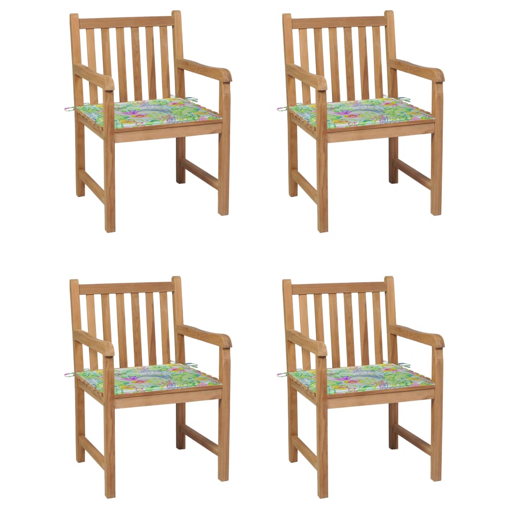 vidaXL Sodo kėdės su lapų raštų pagalvėlėmis, 4vnt., tikmedžio masyvas