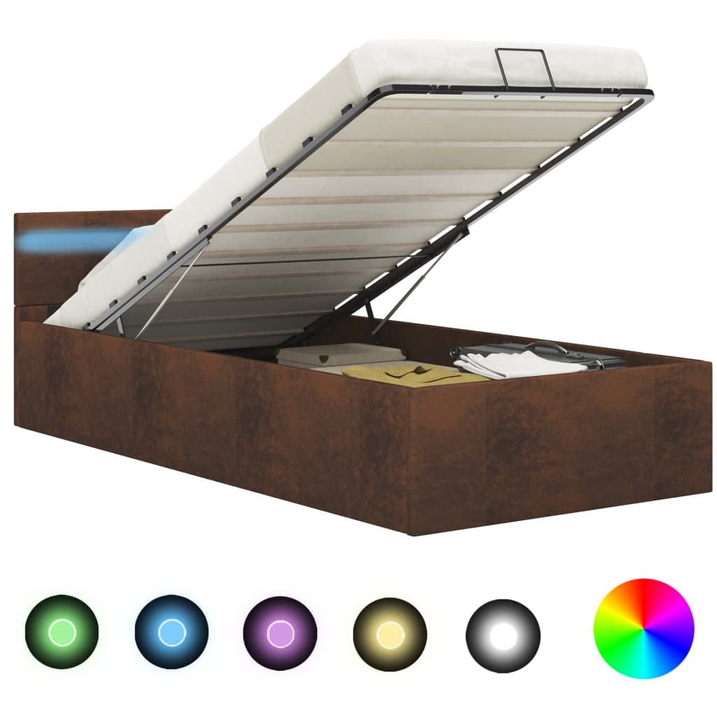 vidaXL Lovos rėmas su LED ir daiktadėže, rudas, 100x200cm, audinys