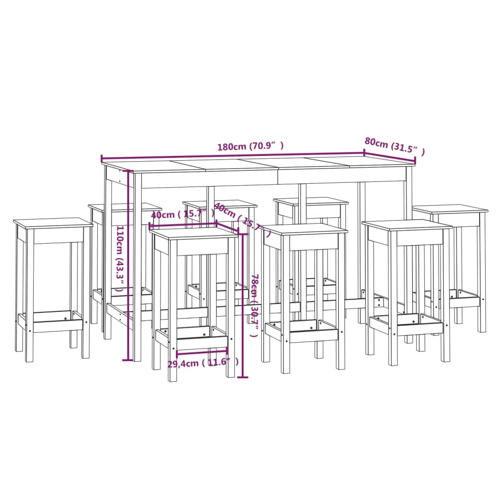 vidaXL Baro baldų komplektas, 9 dalių, pušies medienos masyvas
