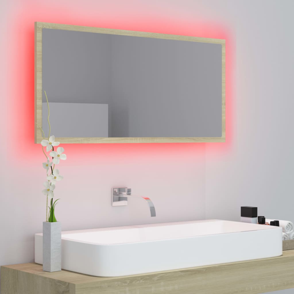 vidaXL Vonios kambario LED veidrodis, ąžuolo, 90x8,5x37cm, akrilas