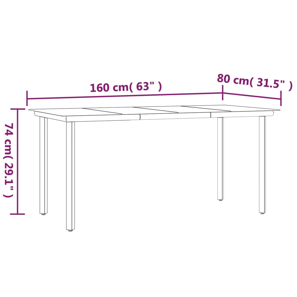 vidaXL Sodo valgomojo stalas, juodas, 160x80x74cm, plienas ir stiklas