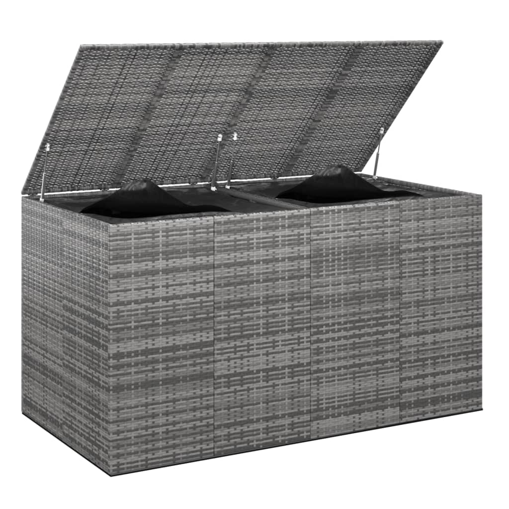 vidaXL Sodo dėžė pagalvėlėms, pilka, 194x100x103cm, PE ratanas
