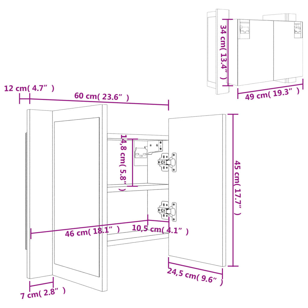 vidaXL Veidrodinė LED vonios spintelė, ąžuolo, 60x12x45cm, mediena