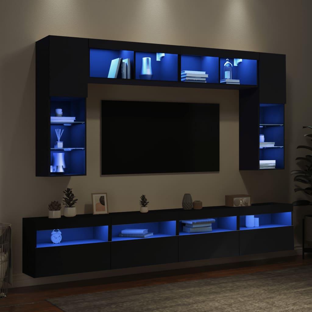 vidaXL Sieninės TV spintelės su LED lemputėmis, 8vnt., juodos spalvos