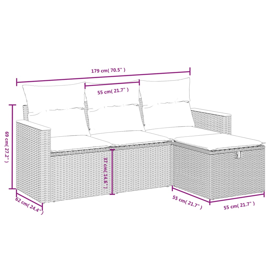 vidaXL Sodo komplektas su pagalvėlėmis, 4 dalių, pilkas, poliratanas