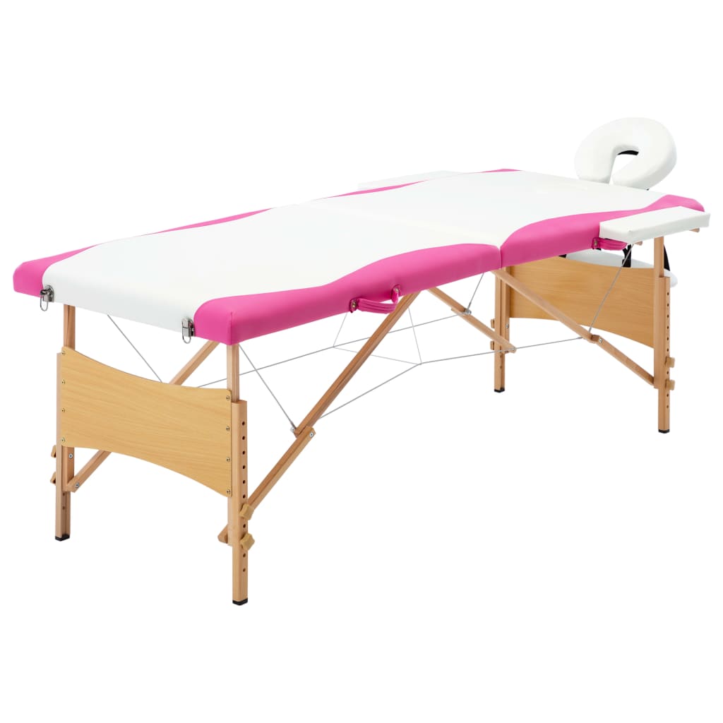vidaXL Sulankstomas masažo stalas, baltas ir rožinis, mediena, 2 zonų
