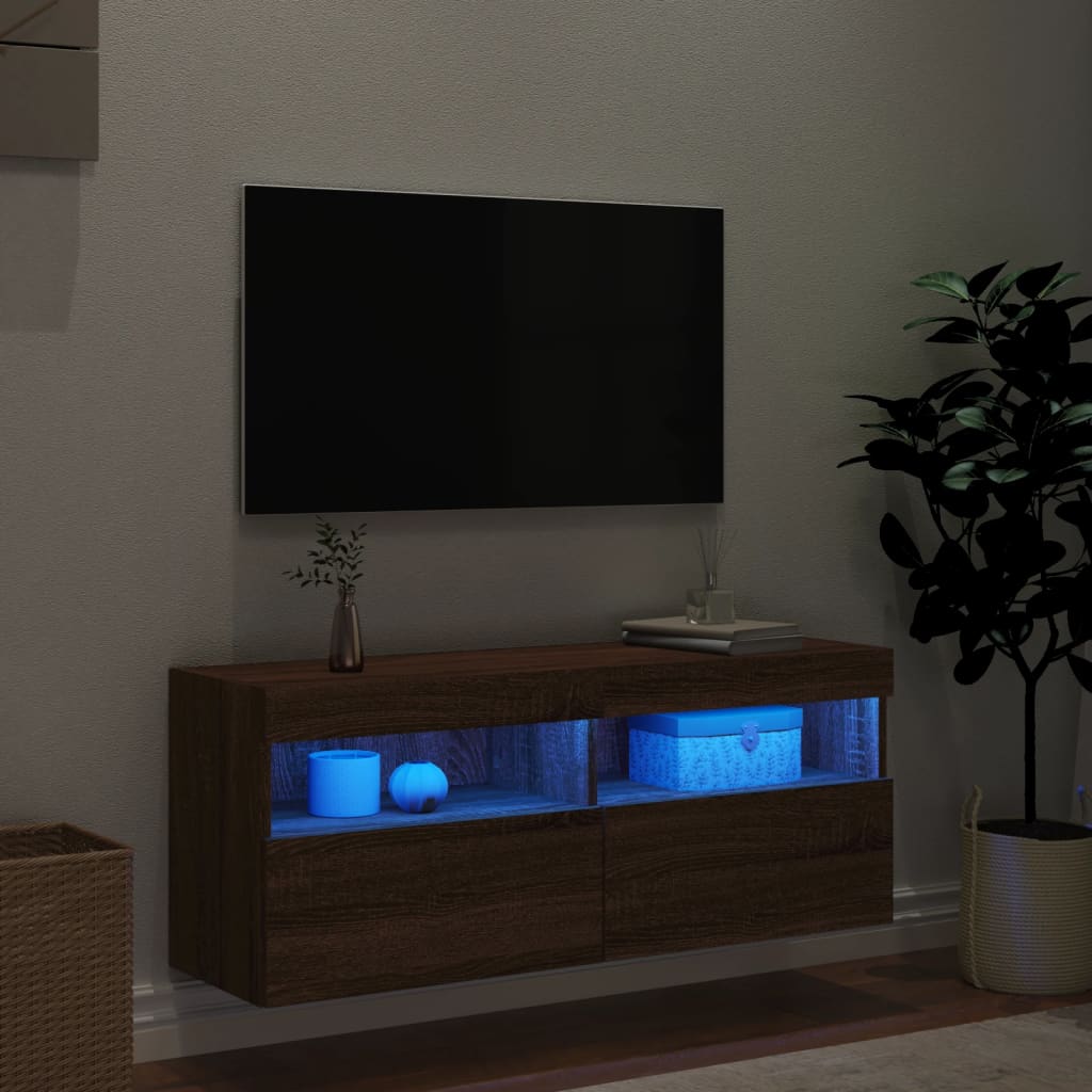 vidaXL Sieninė TV spintelė su LED lemputėmis, ruda ąžuolo, 100x30x40cm