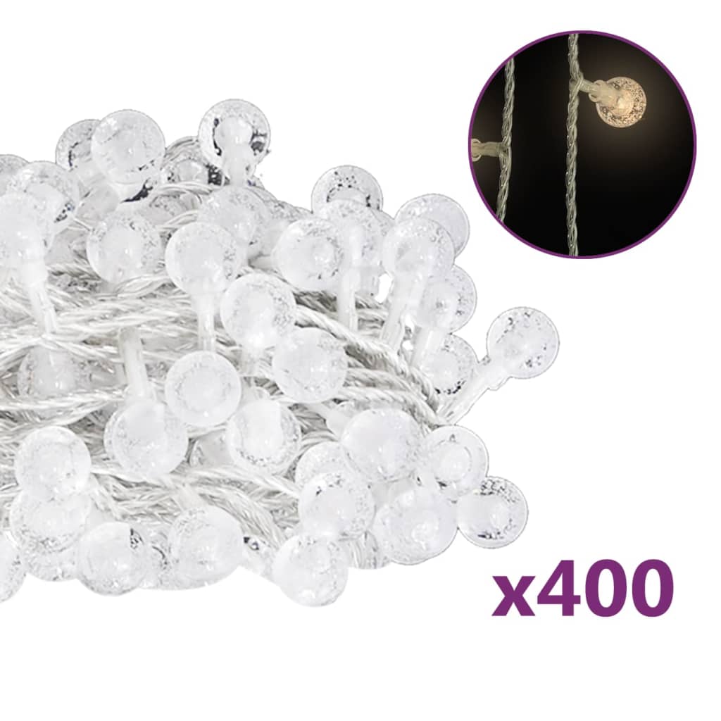 vidaXL Rutuliukų girlianda, 40m, 400 šiltų baltų LED, 8 funkcijos