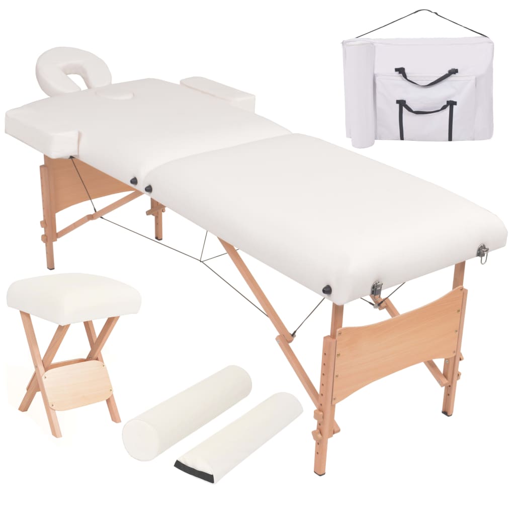 vidaXL Sulankstomo masažo stalo ir taburetės rinkinys, baltas, 2 zonų